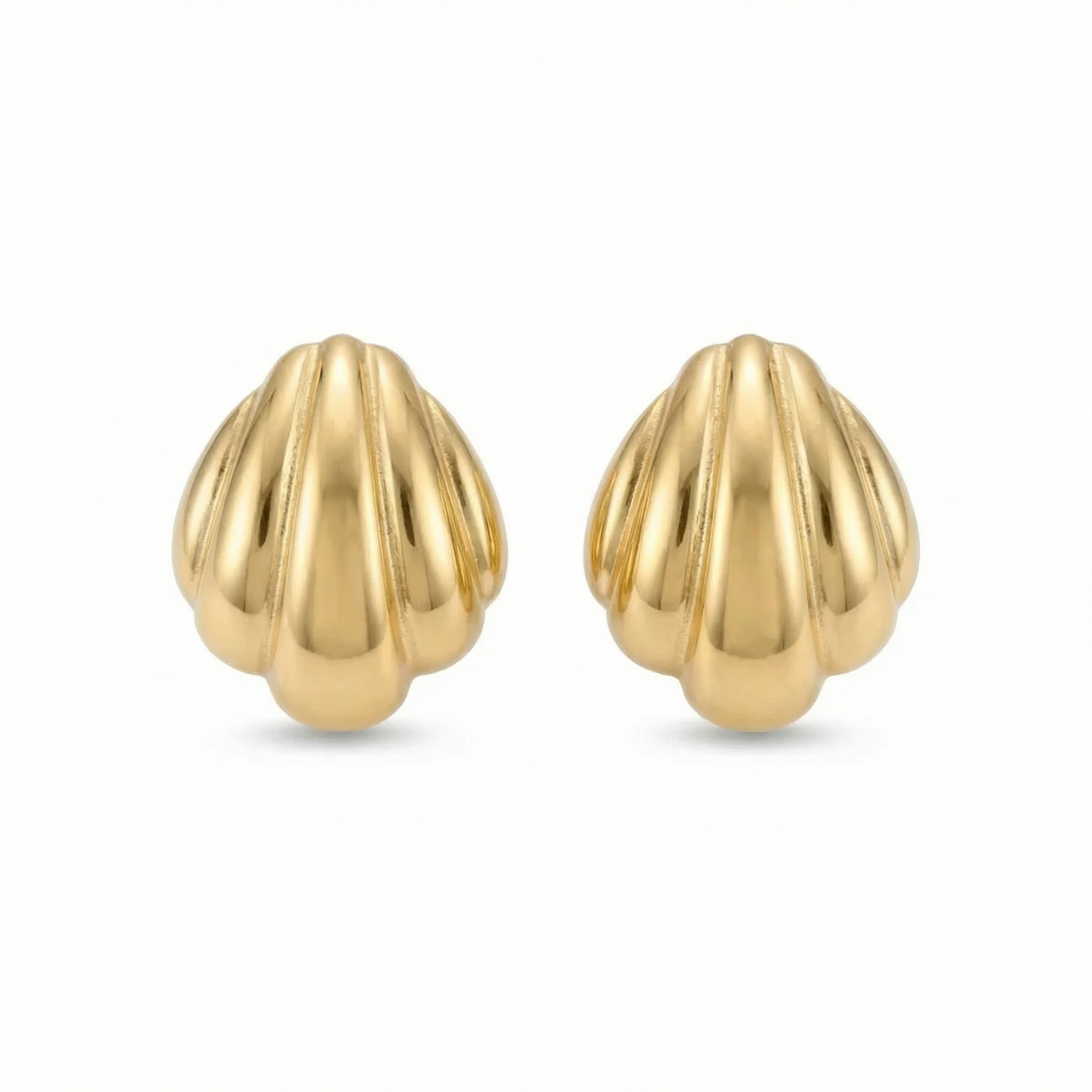Pair of gold shell-shaped earrings on a white background