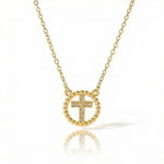 Gold necklace with a cross pendant on a white background