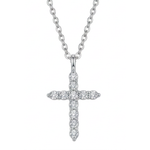 A silver cross pendant necklace adorned with small clear stones, suspended from a matching silver chain against a plain white background.