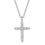 A silver cross pendant necklace adorned with small clear stones, suspended from a matching silver chain against a plain white background.