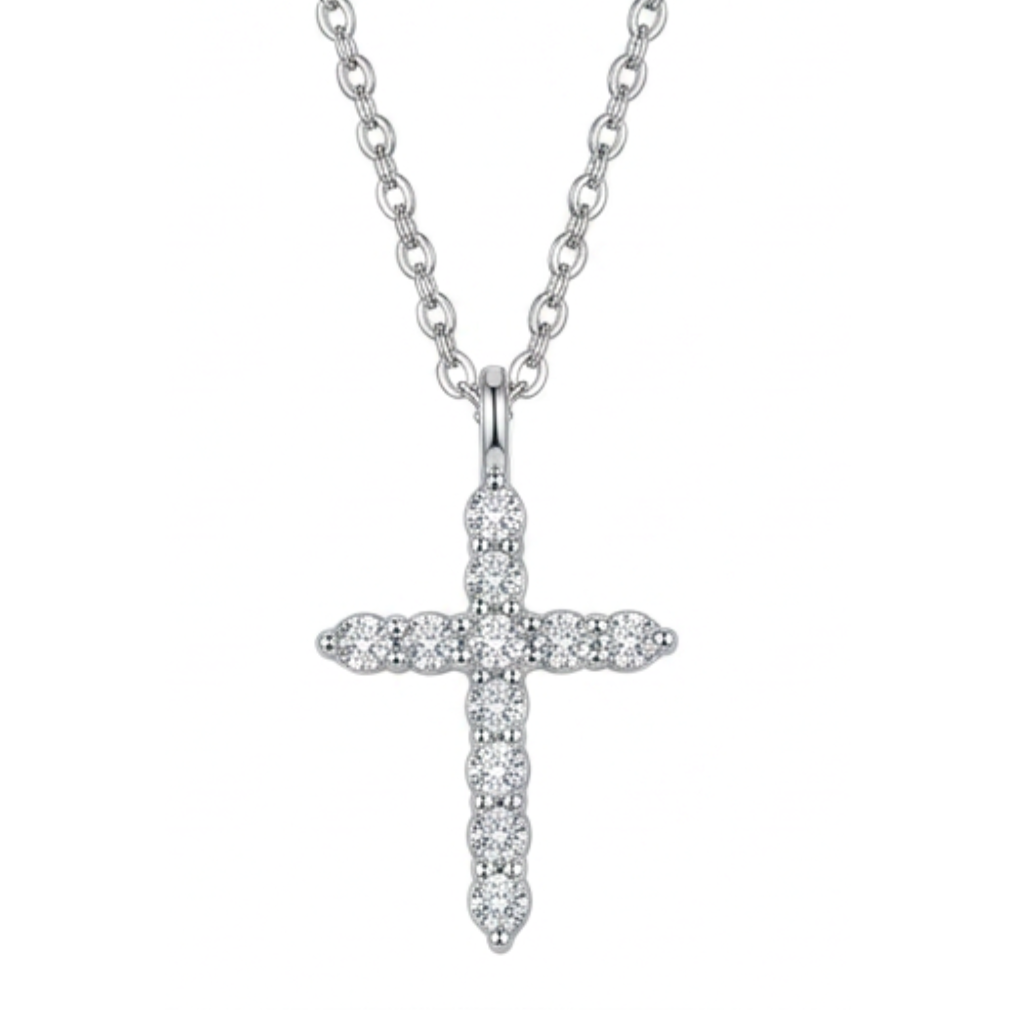 A silver cross pendant necklace adorned with small clear stones, suspended from a matching silver chain against a plain white background.