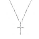 A silver cross pendant necklace adorned with small clear stones, suspended from a delicate silver chain against a plain white background.