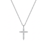 A silver cross pendant necklace adorned with small clear stones, suspended from a delicate silver chain against a plain white background.