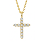 The Glory'd Signature Cross Necklace which is a yellow gold cross pendant necklace adorned with clear round-cut gemstones, suspended from a matching gold chain against a plain white background.