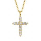 The Glory'd Signature Cross Necklace which is a yellow gold cross pendant necklace adorned with clear round-cut gemstones, suspended from a matching gold chain against a plain white background.