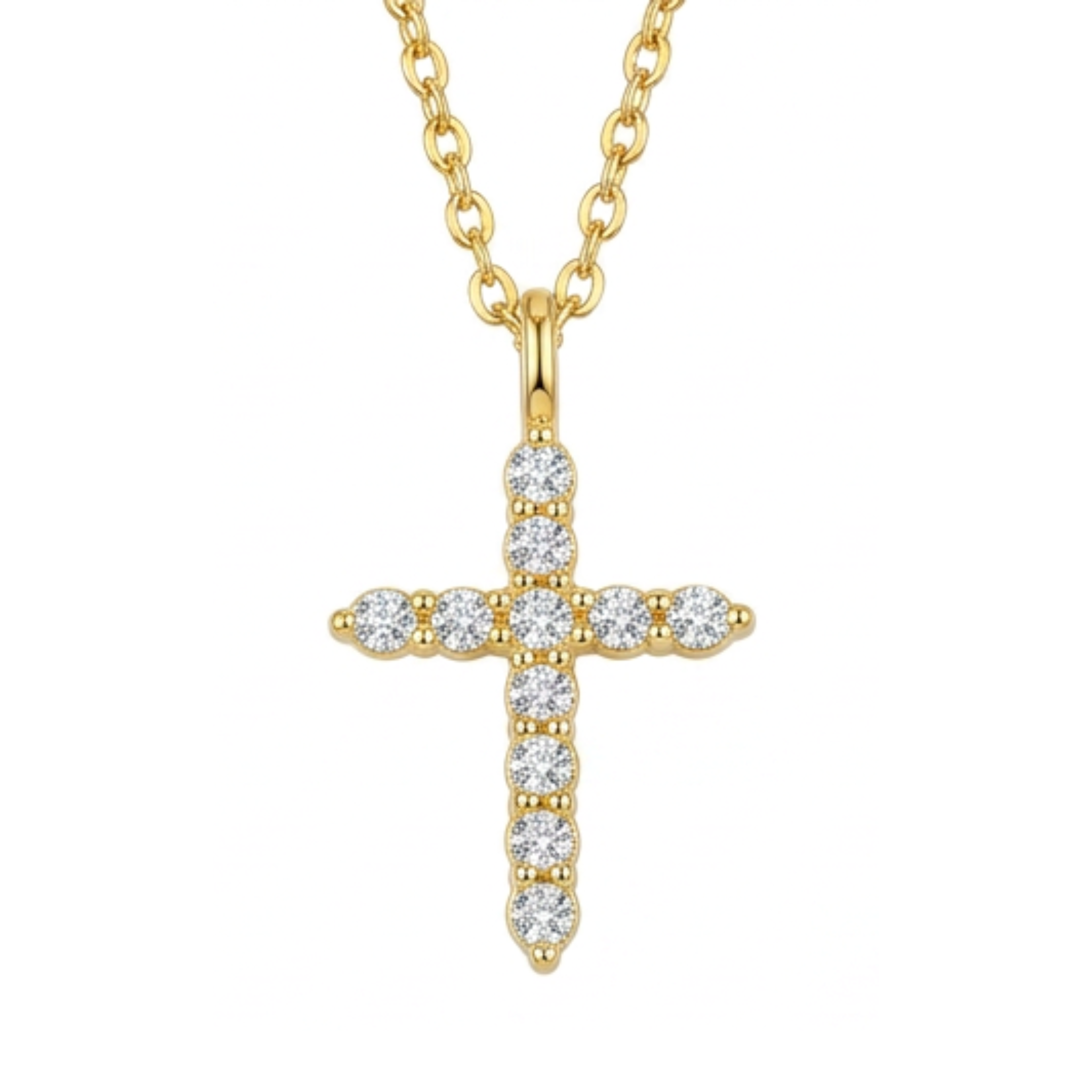 The Glory'd Signature Cross Necklace which is a yellow gold cross pendant necklace adorned with clear round-cut gemstones, suspended from a matching gold chain against a plain white background.