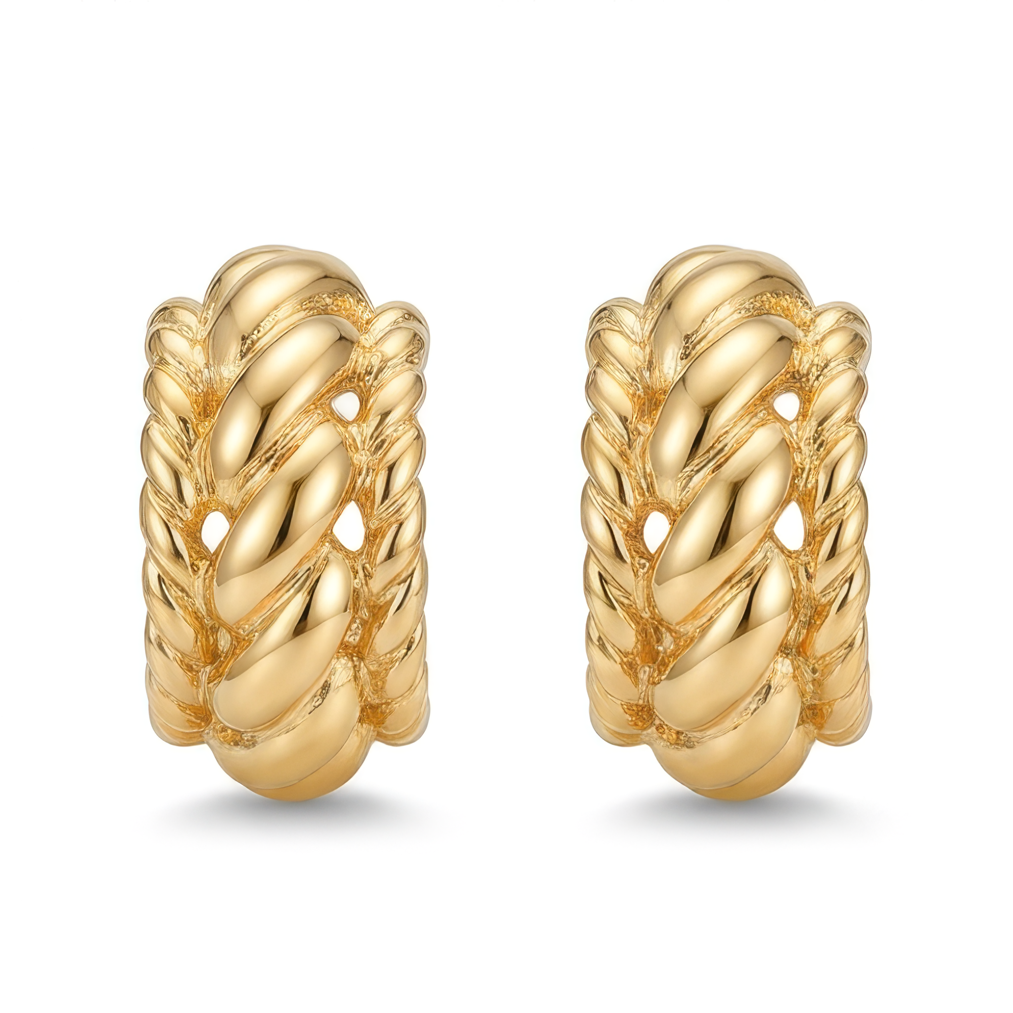 Pair of gold hoop earrings on a white background