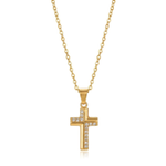 Gold cross necklace with embedded white rhinestones on a white background