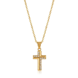 Gold cross necklace with embedded white rhinestones on a white background