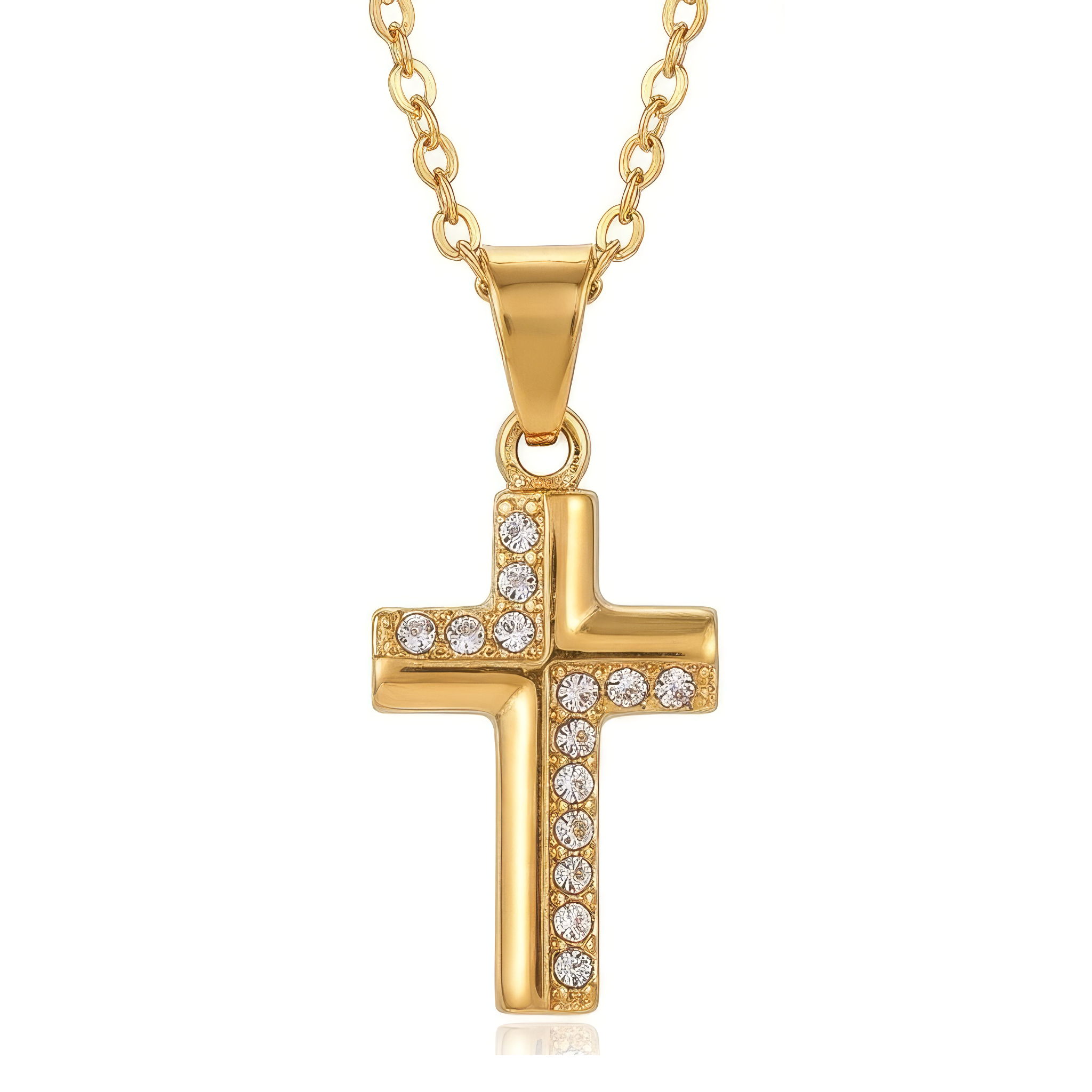 Gold cross necklace with embedded white rhinestones on a white background