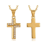 Front and back of gold cross necklace with embedded white rhinestones on a white background