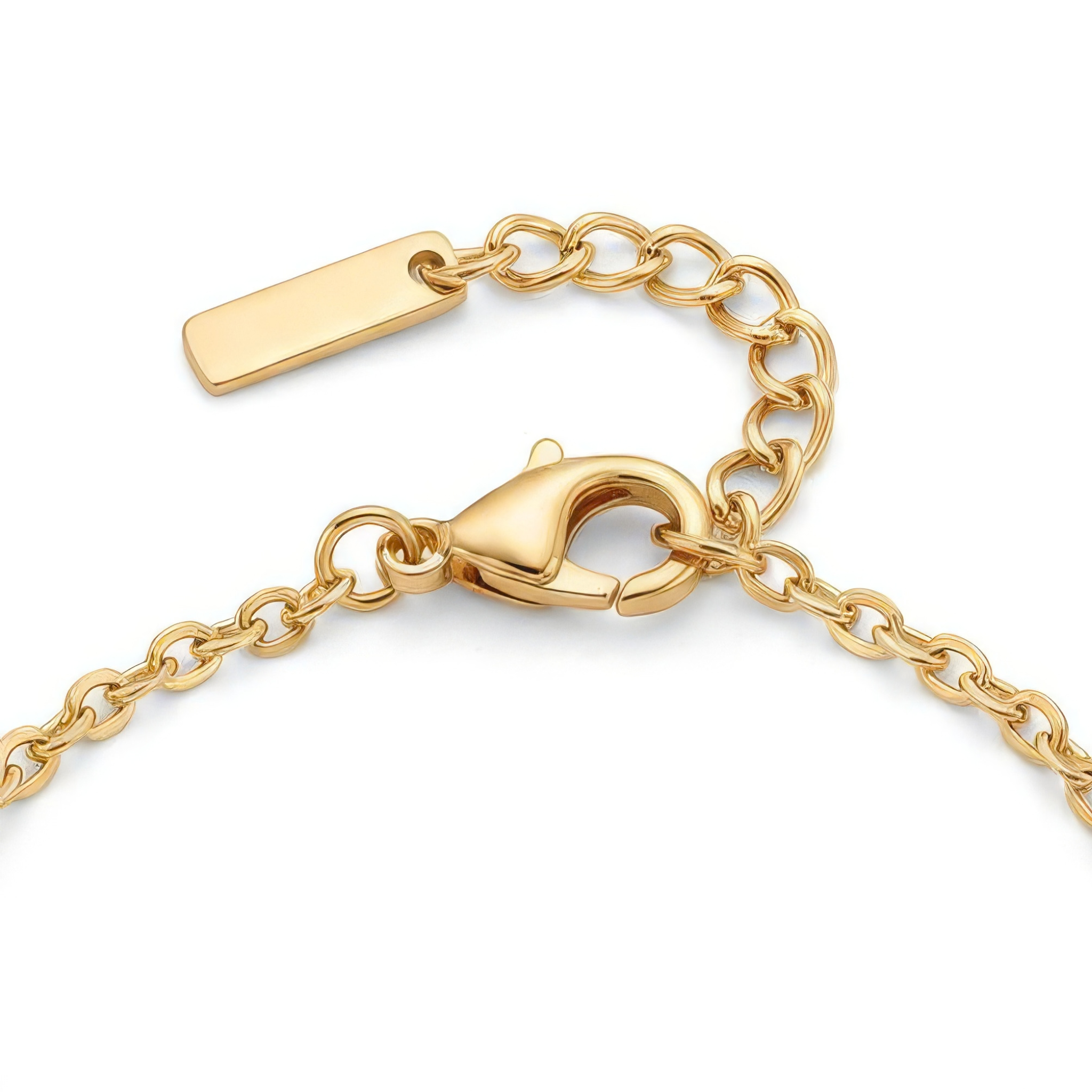 Close up of clasp of gold bracelet on a white background