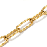Close-up of the links of a gold paperclip chain bracelet on a white background