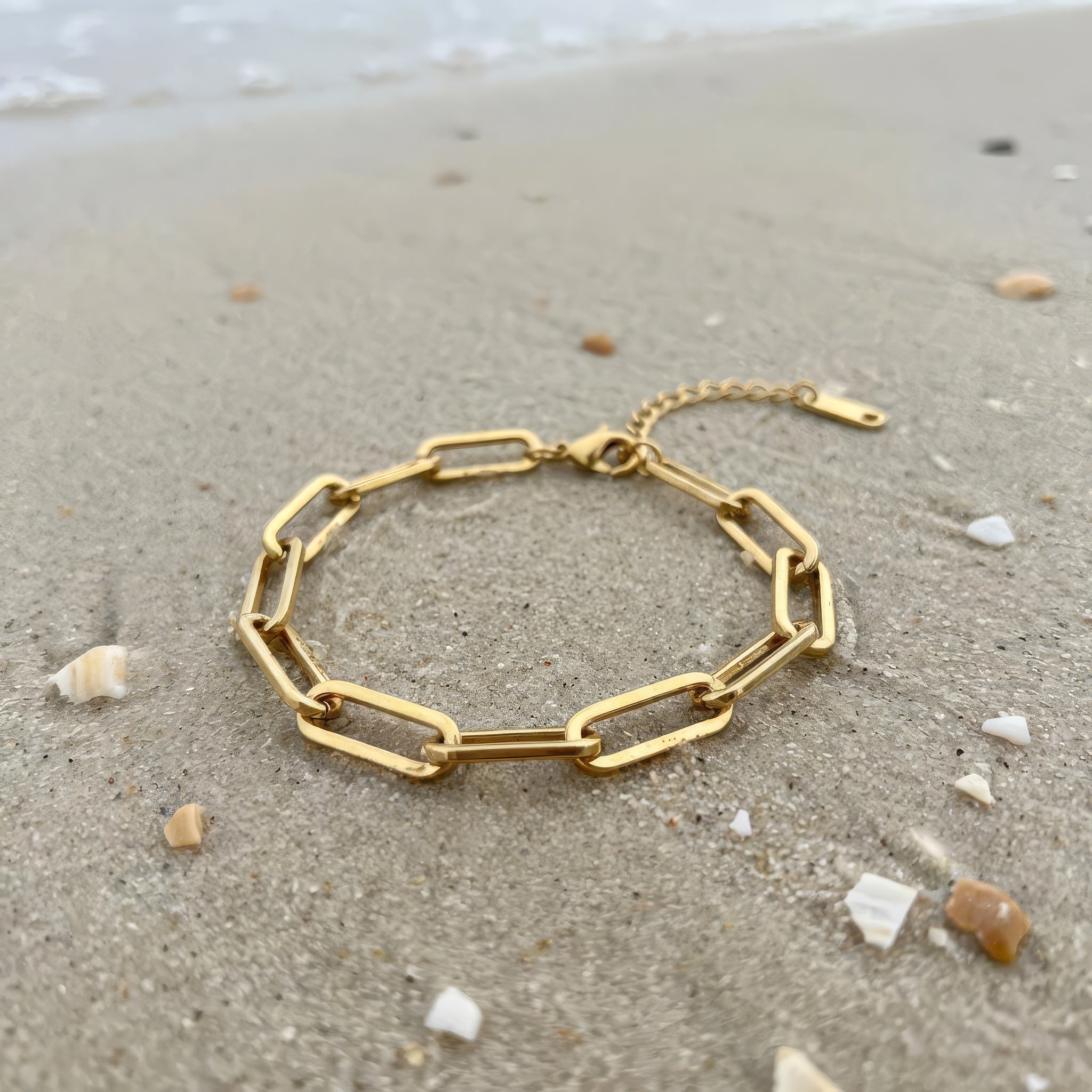 Gold paperclip chain bracelet lying on wet sand at the ocean
